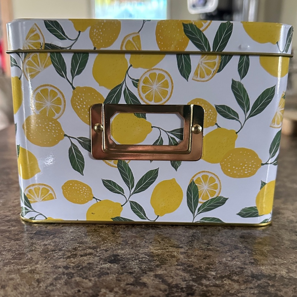 Hobby Lobby Lemon Print Metal Recipe Box in Yellow, Green, White, Gold